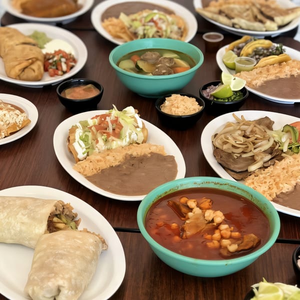A wooden table laden with various Mexican dishes, including burritos, soups, and plates with rice and beans.