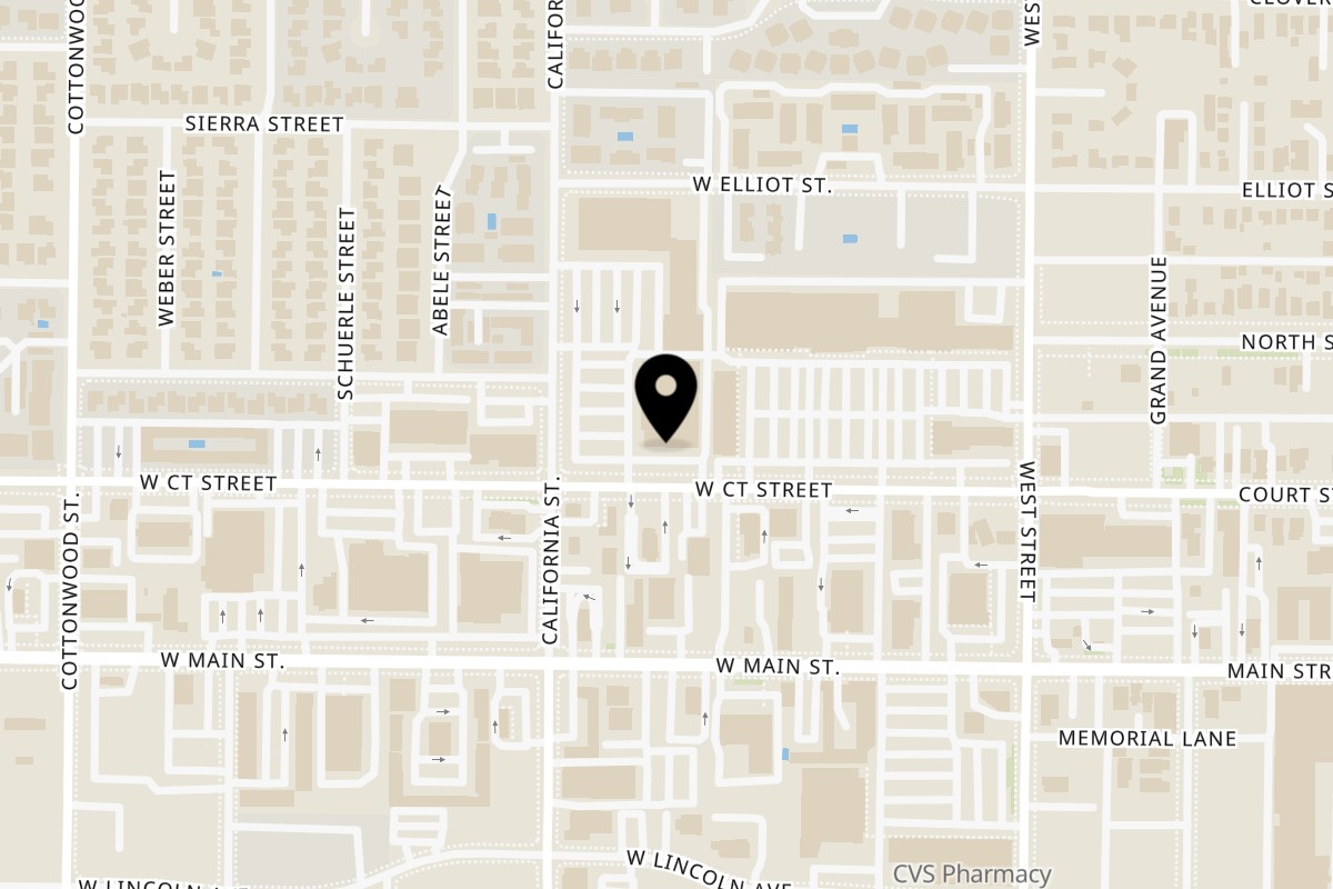 Map showing the location of Super Burrito & Taqueria on 90 W Court St in Woodland